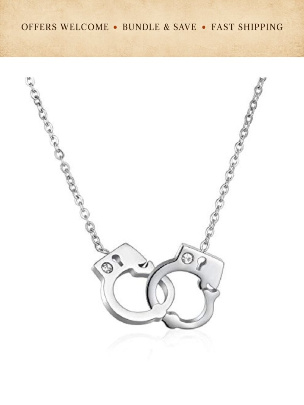 Stainless Steel Handcuff Necklace Clear Cubic Zirconia Rolo Chain